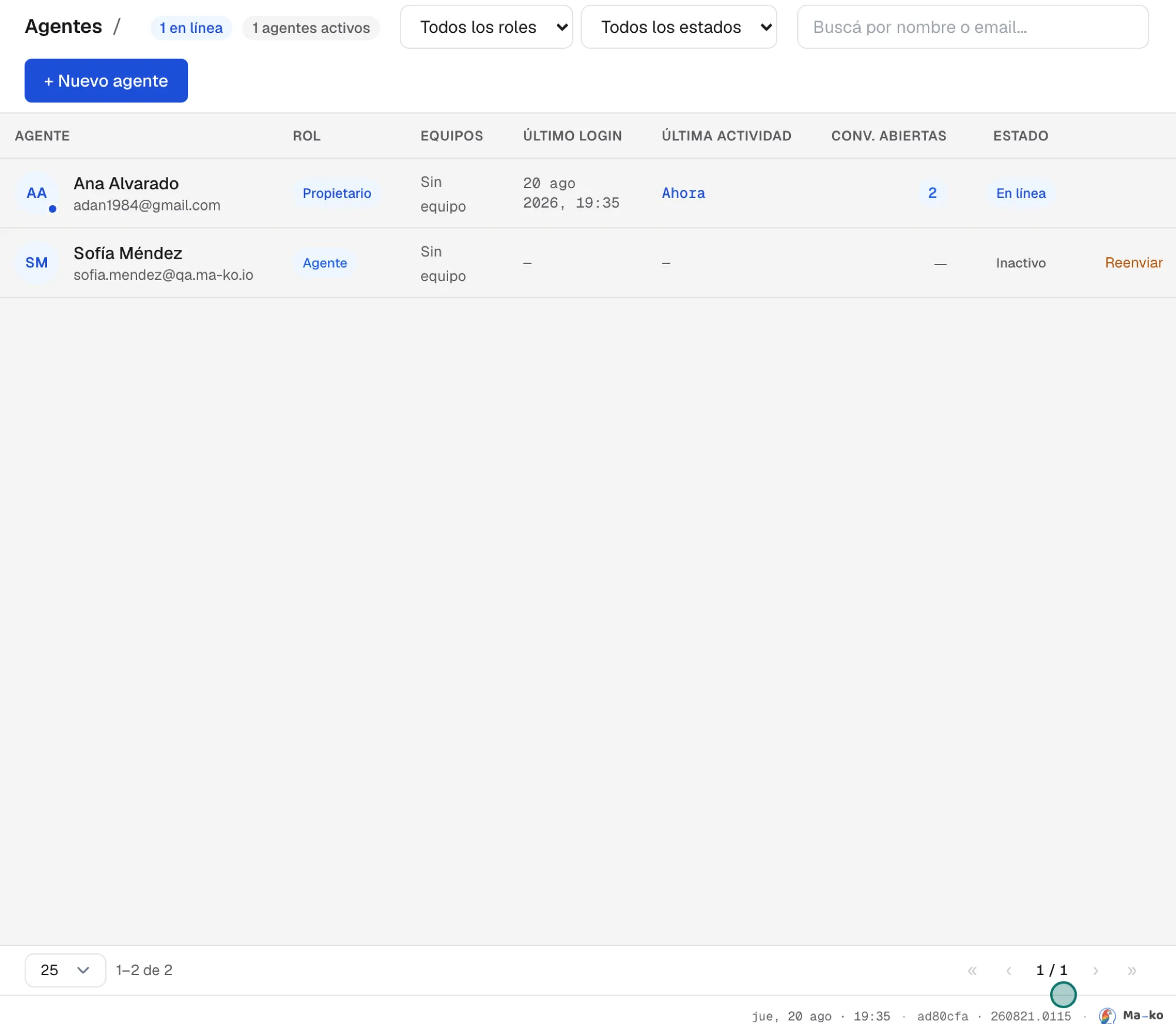 Configuración → Agentes: cada persona con su chip de rol (Propietario, Agente), sus equipos y su estado.