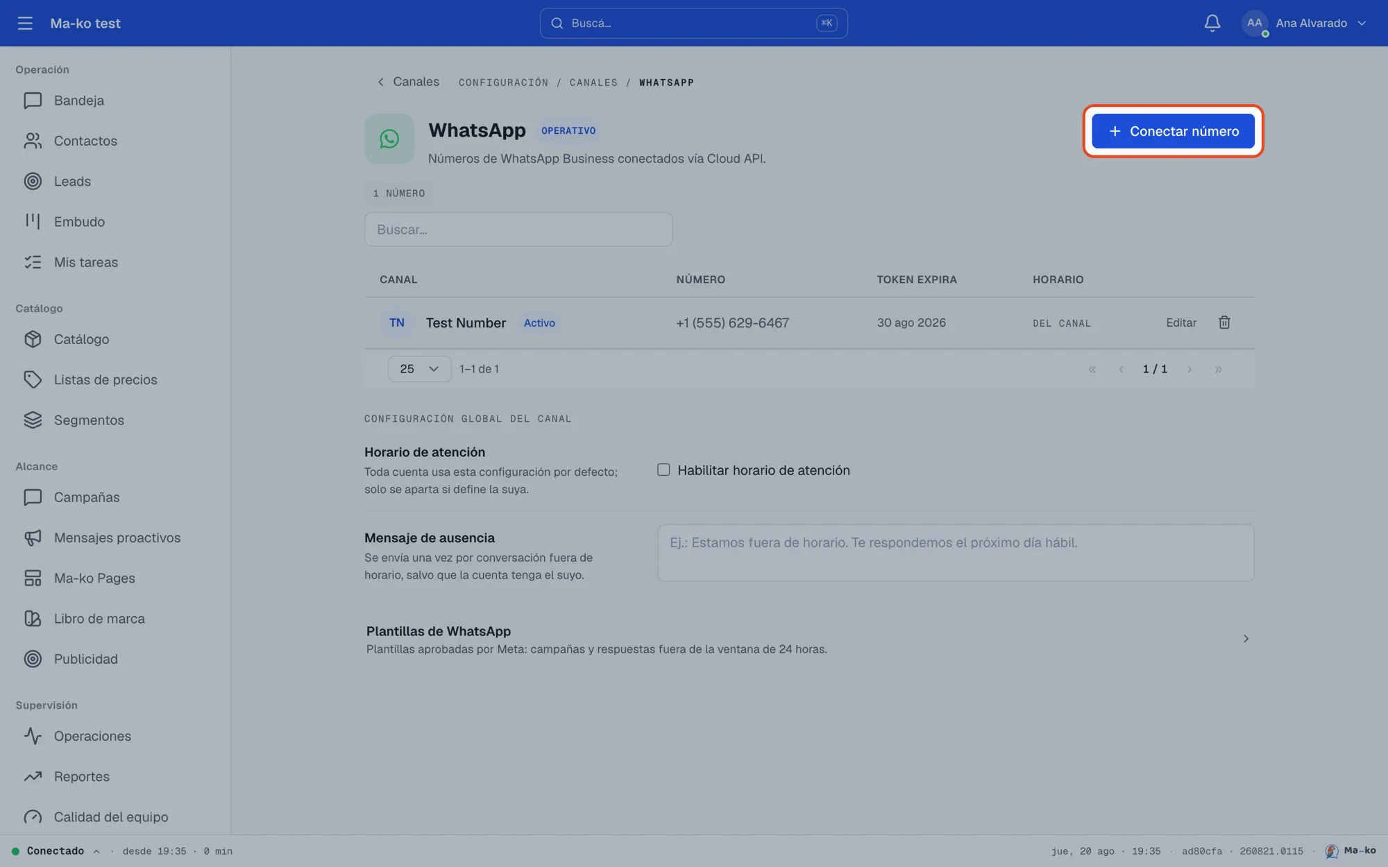 Dónde está: el botón Conectar número en Configuración → Canales → WhatsApp, resaltado sobre la pantalla completa.