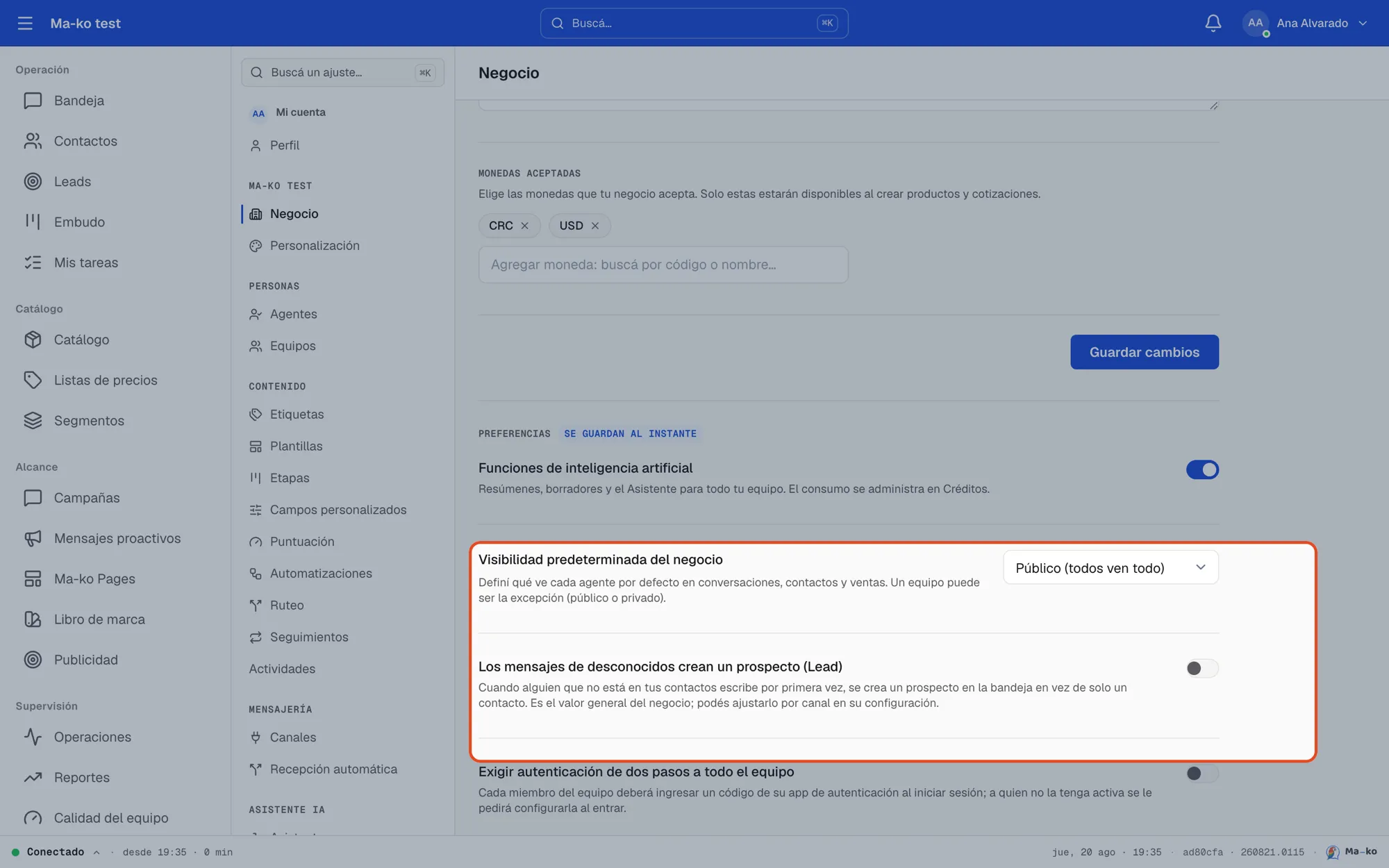 Dónde está: la sección Visibilidad predeterminada del negocio en Configuración → Negocio, resaltada sobre la pantalla completa.