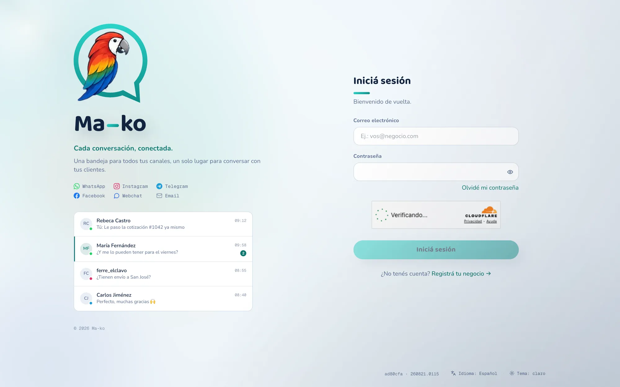 La pantalla de acceso de Ma-ko: correo, contraseña e Iniciá sesión.