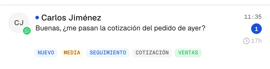 Una tarjeta de conversación con su canal, estado, chips de la IA y mensajes sin leer.