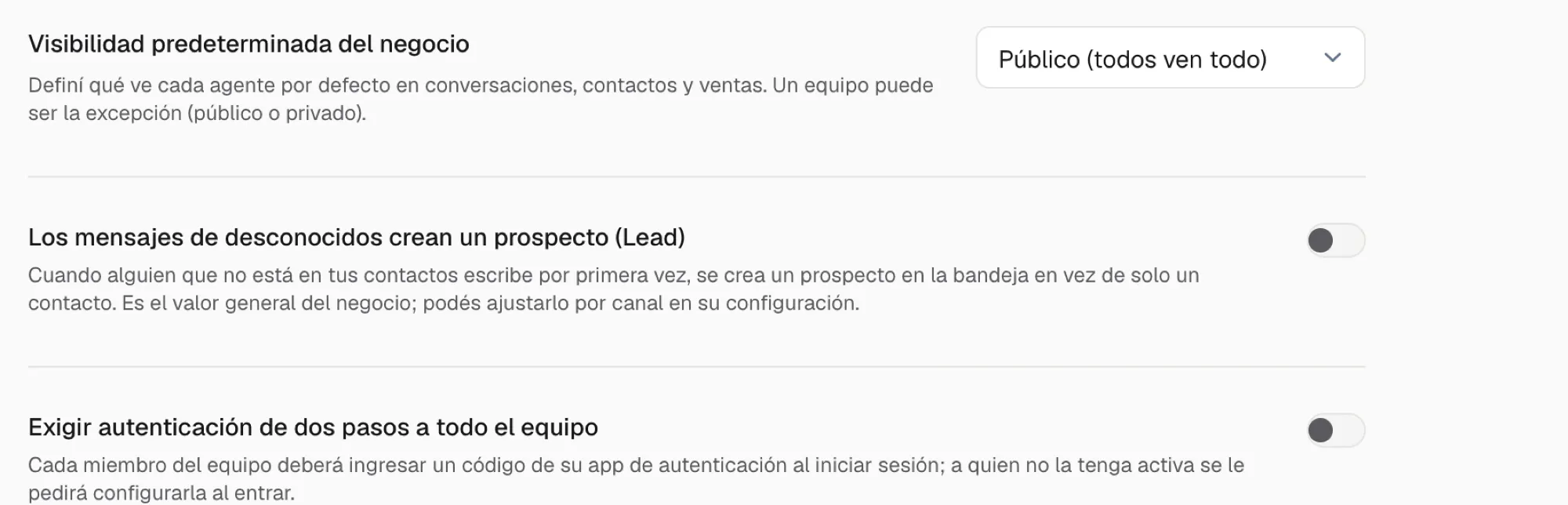 Las tres opciones de visibilidad: Público, Solo su equipo y Solo lo asignado.